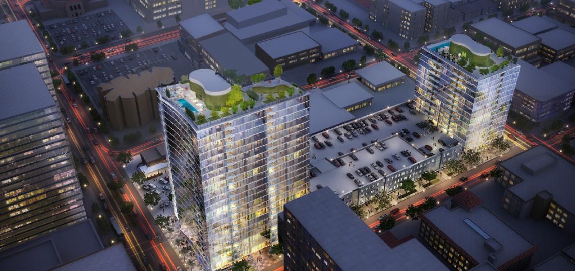 Commercial buildings make way for highrise complex at Wilshire